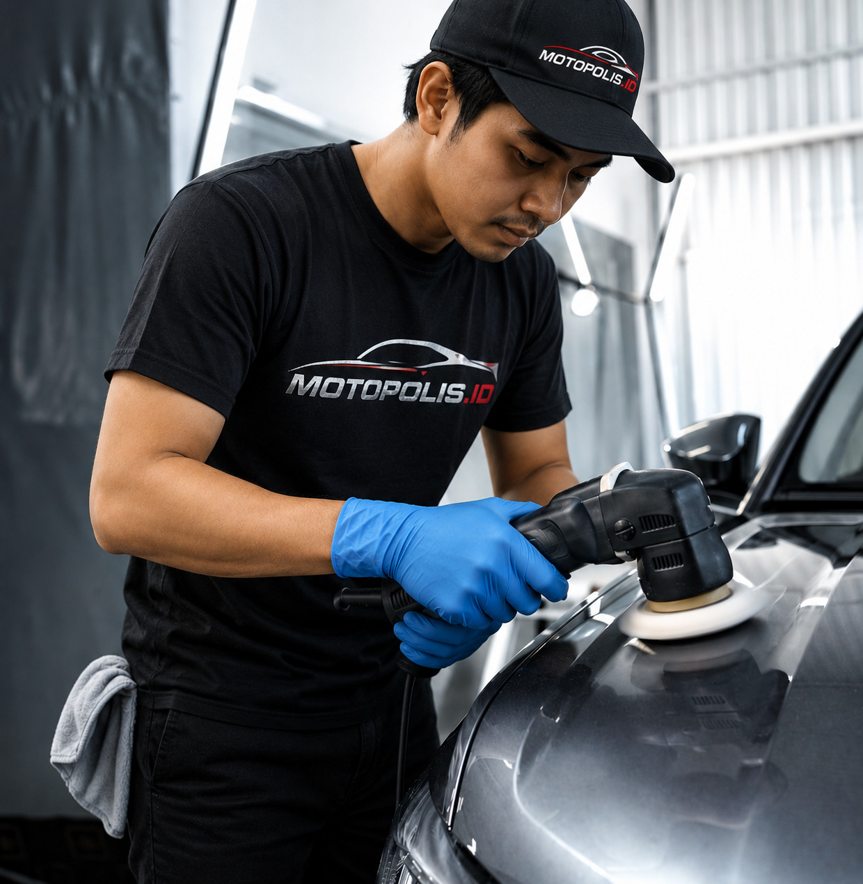 Professional car detailer polishing vehicle